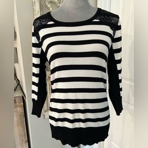 Black and White Stripe Sweater with Lace Detail - Size Large